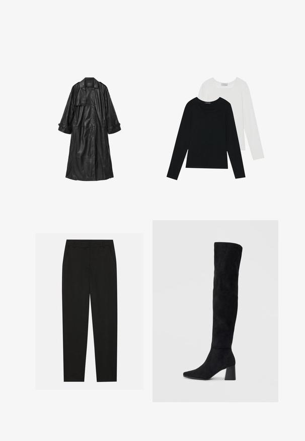 Svart lädertrenchcoat med dubbelknapad design, breda ärmar och bälte i midjan. Har en stor krage och sidofickor.; Två långärmade toppar, en svart och en vit, båda med fyrkantig halsringning och tillverkade av mjukt, stretchigt tyg.; Svarta byxor med skräddarsydd design, med sidofickor och raka ben. Tillverkade av ett mjukt, lätt tyg med en stilren finish.; Svarta mocka knähöga stövlar med klack, spetsig tå och slät, sömlös design mot en ljus, enfärgad bakgrund.