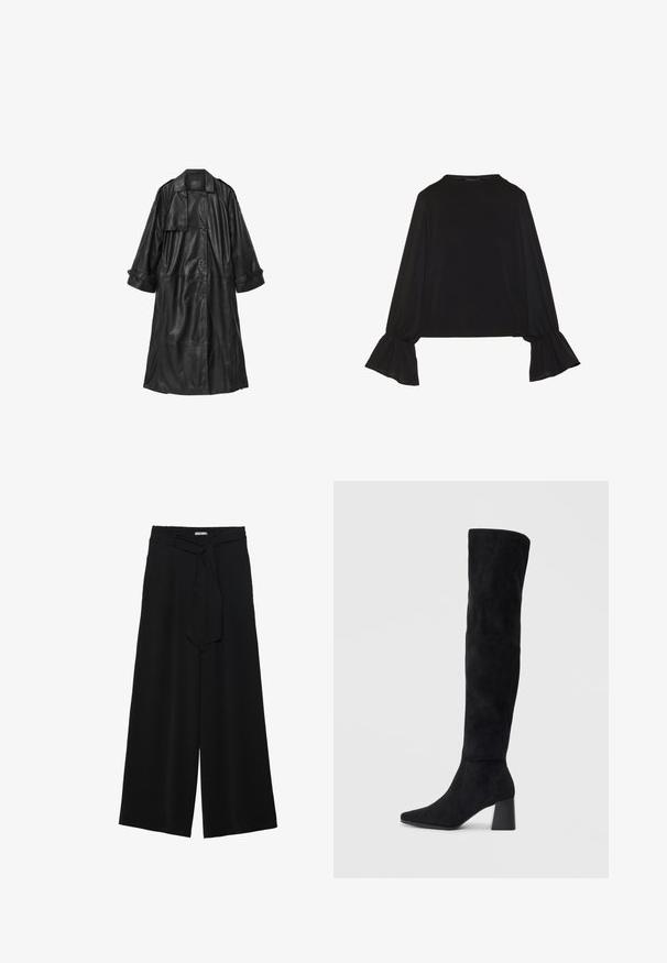 Cămașă lungă din piele neagră cu un design cu două rânduri de nasturi, mâneci largi și talie cu curea. Dispune de un guler mare și buzunare laterale.; Top negru cu mânecă lungă, cu mansete evazate, textură moale și croială lejeră, având un guler rotund simplu.; Pantaloni largi negri dintr-un material texturat, cu un tiv elastic și o panglică detașabilă la talie pentru un fit ajustabil.; Cizme negre din suede, cu toc bloc, vârf ascuțit și un design neted, fără cusături, pe un fundal deschis.