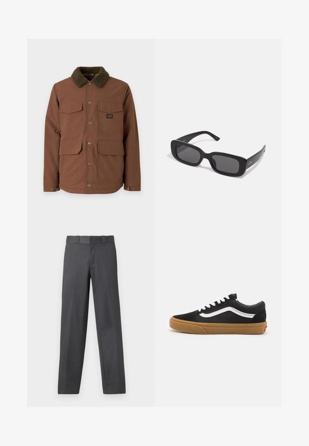 Brown jacket with a soft green fleece collar, two chest pockets, two lower pockets, metal buttons, and a brand patch on the left chest.; Two cotton T-shirts shown back-to-back: one black and one white. Both feature short sleeves and crew necklines, with a smooth texture.; Gray trousers made of smooth fabric, featuring a straight-leg design, button closure, and belt loops; minimal seams and no patterns.; Black suede sneakers with white side stripe, white laces, and gum rubber sole. Classic low-top design with textured accents and rounded toe.; Black rectangular sunglasses with dark lenses, smooth plastic frames, and wide arms. Subtle branding on the side.; Black crossbody bag with a zippered pocket, rectangular shape, made of fabric, featuring a logo patch on the front, adjustable shoulder strap.