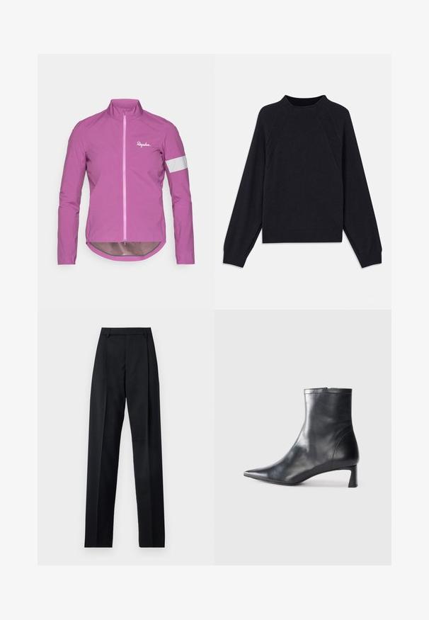 Ryškiai rožinė dviračių striukė su aukštu apykakle, visiškai užtraukiama ir atspindinčiomis baltomis detalėmis ant rankovių. Pagaminta iš lengvos, glotnios medžiagos.; Tamsiai mėlynas megztukas su apvaliu iškirpimu, ilgomis raglan rankovėmis, rausvais rankogaliais ir tiesiu apatine dalimi. Pagamintas iš minkštos, tekstūruotos megztos medžiagos.; Juodos kelnės iš lygaus audinio, pasižyminčios aukštu liemeniu, plačiomis kojomis, priekinėmis klostėmis ir klasikiais diržo kilpomis. Šoninių kišenių nematyti.; Juodas odinis kulkšninis batas su smailiu pirštu ir elegantišku dizainu. Turi žemą kulną ir užtrauktuką gale. Lygi tekstūra.
