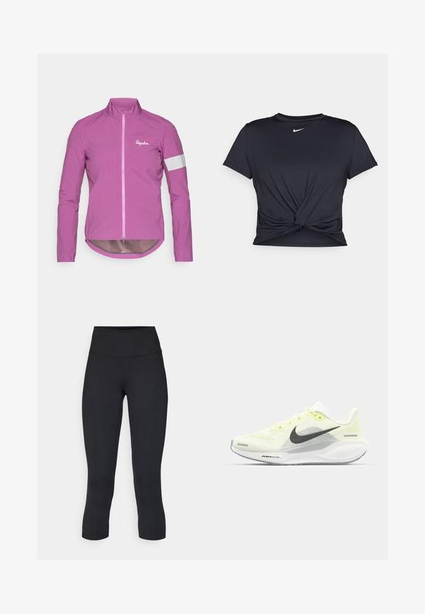 Vaaleanpunainen pyöräilytakki, jossa on korkea kaulus, kokopitkä vetoketju ja heijastavat valkoiset yksityiskohdat hihoissa. Valmistettu kevyestä, sileästä materiaalista.; Musta urheilu T-paita, joka on valmistettu sileästä kankaasta, jossa on solmittu etuosa ja pieni valkoinen Nike-logo rinnassa.; Musta lyhyet legginsit joustavasta kankaasta, joissa on korkea vyötärö ja sileä pinta, ilman näkyviä kuvioita tai metalliosia.; Nike juoksukengät, joissa on vaaleankeltainen ja valkoinen verkko-osa, harmaita yksityiskohtia ja joustava kumipohja. Varusteet nauhakiinnityksellä.