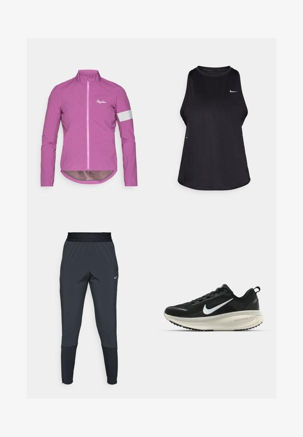 Jasnoróżowa kurtka rowerowa z wysokim kołnierzem, pełnym zamkiem błyskawicznym i odblaskowymi białymi akcentami na rękawach. Wykonana z lekkiego, gładkiego materiału.; Czarny bezrękawnik biegowy wykonany z lekkiego materiału, z okrągłym dekoltem; ma subtelne logo oraz boczne rozcięcia dla lepszej wentylacji.; Spodnie sportowe Nike w ciemnoszarym kolorze, z tapered leg design, elastycznym paskiem w talii oraz akcentami przy nogawkach.; Czarna biegowa półbut z oddychającej siateczki, białym logo swoosh, teksturowanymi detalami oraz kremową podeszwą środkową ZoomX.