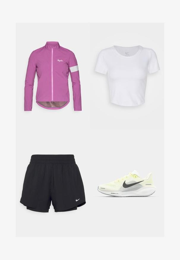 Bright pink cycling jacket with a high collar, full zip, and reflective white accents on sleeves. Made from lightweight, smooth material.; White, short-sleeved crop top made of smooth, synthetic material. Features a round neckline and Nike logo inside the collar.; Black athletic shorts with a gathered elastic waistband, inner lining, and white Nike logo on the lower left side. Smooth, lightweight fabric.; Nike running shoes with a light yellow and white mesh upper, grey accents, and a flexible rubber sole. Features a lace-up closure.