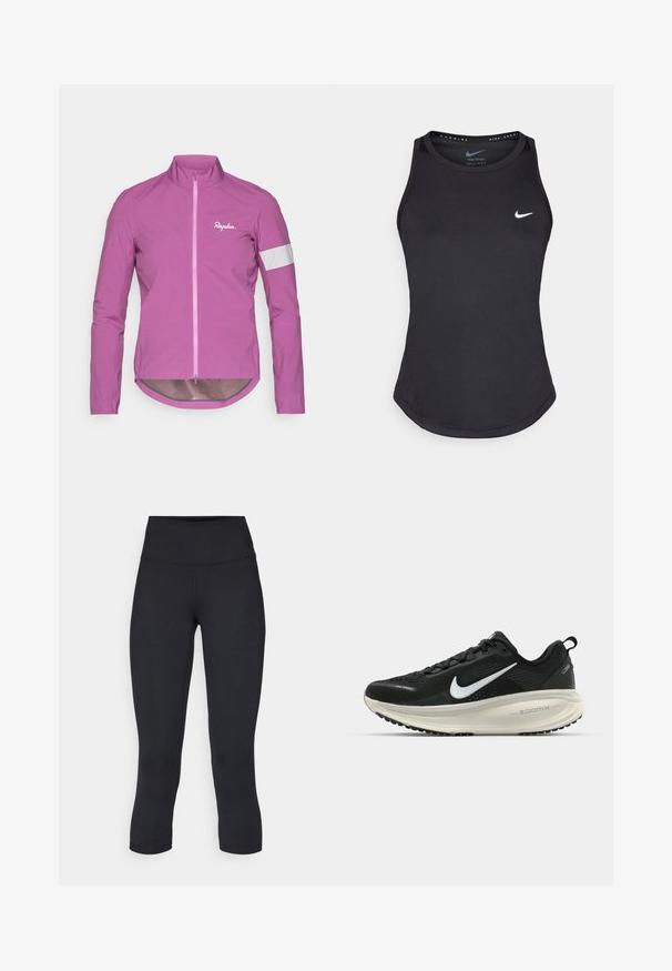 Lys pink cykeljakke med høj krave, fuld lynlås og reflekterende hvide detaljer på ærmerne. Fremstillet af letvægtigt, glat materiale.; Sort atletisk tanktop fremstillet af svedtransporterende materiale. Har en rund halsudskæring, tætsiddende pasform og hvidt Nike-logo på brystet.; Sorte cropped leggings lavet af stretchy materiale, med en høj talje og blød tekstur, uden synlige mønstre eller hardware.; Sort Nike løbesko med åndbart mesh-overdel, hvidt swoosh-logo, tekstureret detaljering og en cremede ZoomX mellemsål.