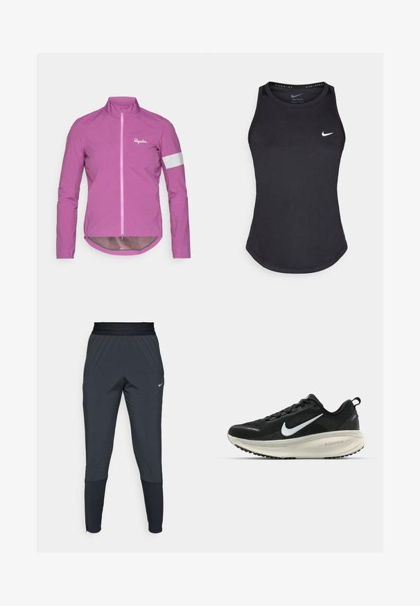Ljusrosa cykeljacka med hög krage, heldragkedja och reflekterande vita detaljer på ärmarna. Tillverkad av lätt och slätt material.; Svart atletisk linne gjort av fuktavvisande material. Har rund halsringning, smal passform och vit Nike-logotyp på bröstet.; Nike träningbyxor i mörkgrått, med en tapered ben-design, elastisk midja och accentdetaljer nära muddarna.; Svart Nike löparsko med andningsbart mesh-ovandel, vit swoosh-logotyp, texturerad detaljering och en krämfärgad ZoomX-mellansula.