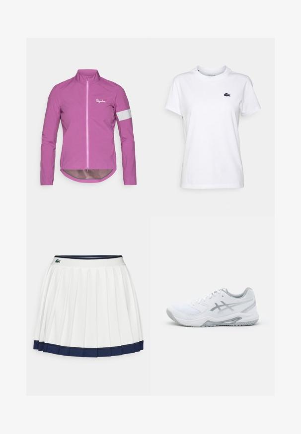 Spilgti rozā riteņbraukšanas jaka ar augstu apkakli, pilnu rāvējslēdzēju un atstarojošiem baltajiem akcentiem uz piedurknēm. Izgatavota no viegla, gluda materiāla.; Balts kokvilnas T-krekls ar apaļu kakla izgriezumu, īsām piedurknēm un mazu tumši zilu logotipu kreisajā krūtī. Gluda tekstūra, ikdienišķs dizains.; Balta pliseju pieskārtā svārki ar tumši zilu jostu un apakšmalu. Izgatavoti no mīkstas auduma ar horizontālām svītrām jostā, kas radīta komfortam.; Baltas sporta apavs ar acu izvirduma un sintētiskajiem materiāliem, ar pelēkām akcentēm un auklām, teksturētu zoli, izliekta dizaina un logotipa detaļām.