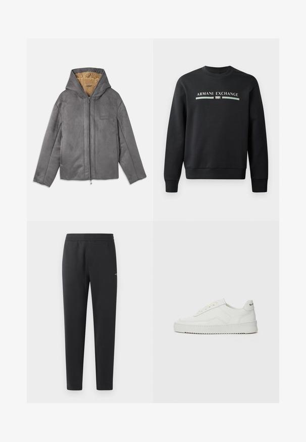 Pelēka zamšādas jaka ar kapuci, ar mīkstu brūnu vilnas oderi, priekšējo rāvējslēdzēju un minimālu zīmola logotipu uz krūts.; Melna sporta krekla izgatavots no mīksta auduma. Tam ir apaļš kakls un garas piedurknes. Priekšpusē ir rakstīts "ARMANI EXCHANGE" un "1991" kontrastējošās krāsās.; Melni sporta bikses, kas izgatavotas no mīkstas auduma, ar elastīgu jostasvietu, taisnām kājām un nelielu logotipa detaļu sānos.; Baltas ādas sneakers ar gludu virsmu, apaļu pirkstu daļu, plakaniem šņorēm un teksturētu zoli. Satur diskrētu logotipu uz papēža.