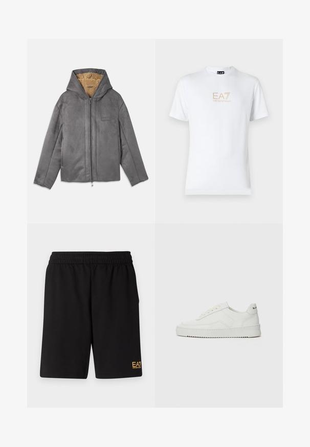 Grå semsket jakke med hette, med en myk tan fleecefôr, front glidelås og minimal merking på brystet.; Hvit bomulls t-skjorte med rund hals og korte ermer, med en gullfarget EA7 Emporio Armani-logo trykket på fronten.; Sorte treningsshorts laget av mykt stoff, med elastisk midje og en liten gul EA7-logo nederst på venstre ben.; Hvite lærersneakers med en jevn overflate, rund tå, flate lisser og en teksturert såle. Har en subtil logo på hælen.