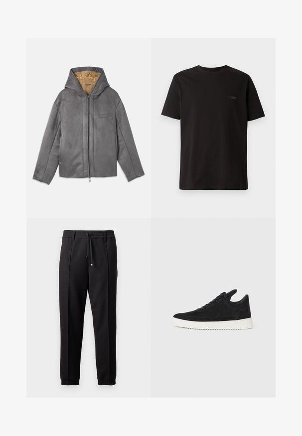 Hall灰de妓gaasi on pehmeā tan̆ karvafliisi voodriga, eespoolne tõmblukk sulgemine ja minimaalne bränding rinnas.; Must kootud lühikeste varrukatega t-särk, mis on valmistatud puuvillast. Omab ümmargust kaelust ja peent brändimist vasakul rinnatasked. Sile tekstuur.; Mustad püksid, millel on vöökoht, nöörikinnitus ja elastsed varrukad. Omab volange ja sileda, tekstuuriga kangast.; Must mustel kingad valge kummist tallaga, millel on toon-toonis õmblused ja paeltega disain. Sile tekstuur ja moodne, voolujooneline kuju.