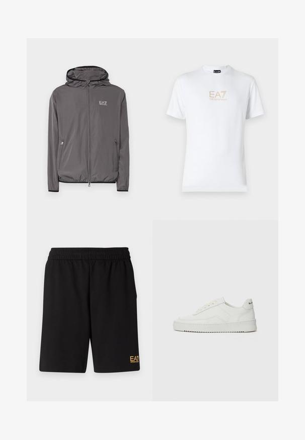 EA7 Emporio Armani TRAIN CORE JACKET - Ελαφρύ μπουφάν - volcanic glass; Λευκό βαμβακερό t-shirt με στρογγυλή λαιμόκοψη και κοντά μανίκια, με χρυσό λογότυπο EA7 Emporio Armani τυπωμένο μπροστά.; Μαύρες αθλητικές βερμούδες από μαλακό ύφασμα, με ελαστική μέση και μικρό λογότυπο EA7 στο κάτω αριστερό πόδι.; Λευκό δερμάτινο sneakers με λείο φινίρισμα, στρογγυλή μύτη, επίπεδα κορδόνια και υφή στην σόλα. Φέρει μια διακριτική λογότυπο στη φτέρνα.