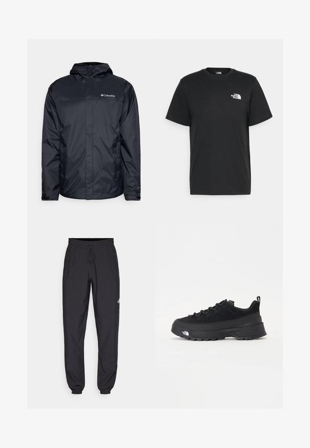 Schwarze wasserdichte Jacke mit Kapuze, mit Reißverschluss auf der Front, elastischen Bündchen und einem Logo auf der oberen linken Brustseite. Leichtes Material.; Schwarzes Baumwoll-T-Shirt mit kurzen Ärmeln, Rundhalsausschnitt und einem kleinen weißen Logo auf der linken Brust. Schlichtes Design, glatte Textur und lockere Passform.; Schwarze Sporthosen aus leichtem Stoff, mit einem Kordelzugbund, seitlichen Taschen und schmal zulaufenden Bündchen an den Knöcheln.; Schwarzer Outdoorsneaker mit einem Obermaterial aus Wildleder, strukturierter Gummisohle und robustem Schnürsystem. Verfügt über eine verstärkte Ferse und das Markenlogo an der Seite.