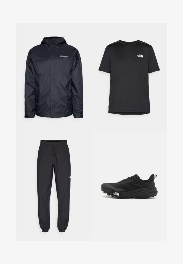 Black waterproof jacket with a hood, featuring a zip front, elastic cuffs, and a logo on the upper left chest area. Lightweight material.; Black short-sleeve T-shirt made from lightweight fabric. Features a small white logo on the left chest and subtle shoulder accents.; Black athletic pants made from lightweight fabric, featuring a drawstring waistband, side pockets, and tapered cuffs at the ankles.; Black trail running shoe with a textured upper, rubber sole, and reinforced toe cap. Features a padded collar and pull tab for easy wear.