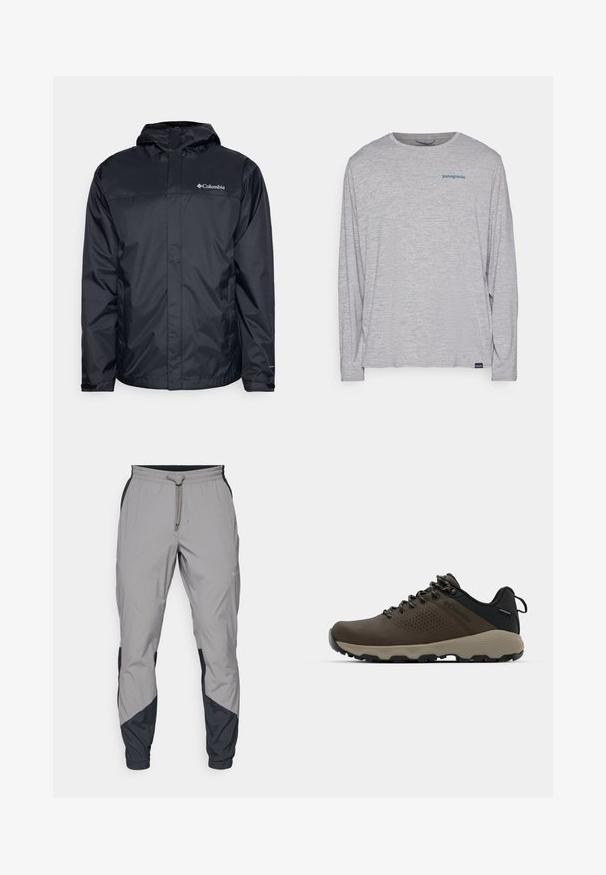 Čierna nepremokavá bunda s kapucňou, so zipsovým predným zapínaním, elastickými manžetami a logom v hornej ľavej oblasti hrudi. Ľahký materiál.; Svetlošedé tričko s dlhým rukávom vyrobené z mäkkého, textúrovaného materiálu. Obsahuje okrúhly výstrih a malú modrú Patagonia logo na hrudi.; Ľahké, šedé športové nohavice s čiernymi akcentmi. Elastický pás, sťahovanie pomocou šnúrky, zúžený strih nohavíc a bočné vrecká.; Hnedé vodoodolné tenisky s textúrovaným zvrškom, perforovanými detailmi, čiernou oporou päty a šedou gumovou podrážkou. Šnúrky sú ozdobené kovovými koncami.