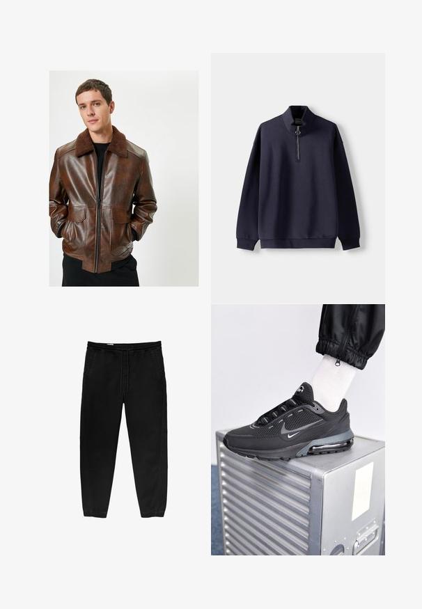 Bruine leren jas met een fluffy bruine kraag, ritsluiting aan de voorkant, twee voorzakken en een getailleerd ontwerp. Soepele textuur met een glanzende afwerking.; Marineblauwe pullover sweatshirt met hoge kraag, halve ritssluiting, zachte textuur en lange mouwen. Kenmerkt zich door een ringtrekker voor de ritssluiting.; Zwarte elastische taillebandbroeken met een trekkoord, taps toelopende benen, zijzakken en subtiele stiksels aan de zijkanten. Zachte katoenachtige stof.; Nike Sportswear PULSE - Sneakers laag - black/anthracite
