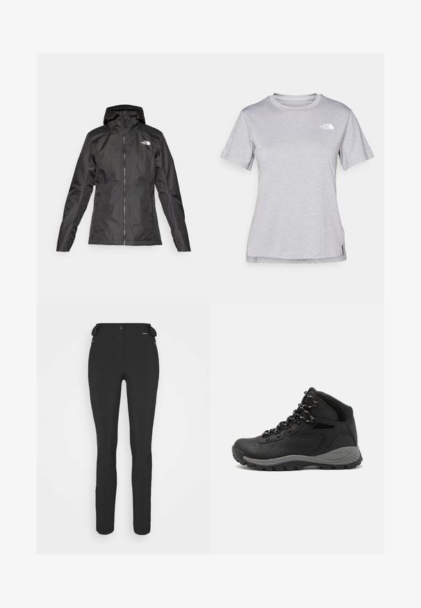 Svart vattentät jacka med huva, blixtlås fram och långa ärmar. Har en vit logotyp på övre vänstra sidan. Slät tygtextur.; Grå kortärmad t-shirt i mjukt, fuktavledande tyg. Har en rund halsringning och en liten vit logotyp på övre vänstra sidan.; Svarta, åtsittande byxor tillverkade av ett flexibelt material. Funktioner inkluderar en ficka med dragkedja på sidan, artikulerade knän och en jämn yta.; Svart vandringskänga med mellanhög design, som har en texturerad överdel, grå accenter och en slitstark gummisula med greppklackar.