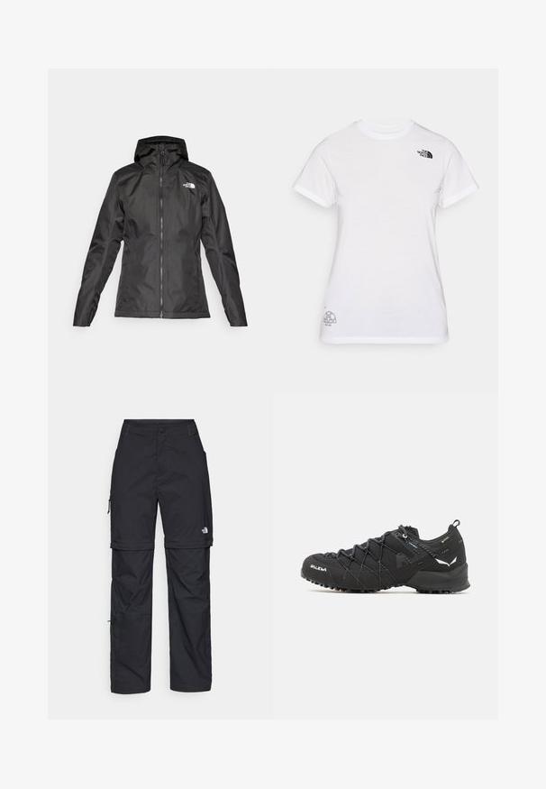 Sort vandtæt jakke med hætte, frontlynlås og lange ærmer. Har et logo i hvidt på den øverste venstre side. Glat stoffer tekstur.; Hvid bomulds t-shirt med et sort logo på venstre bryst og et gråt grafisk design nederst til højre. Klassisk rund hals og korte ærmer.; Sorte nylon cargo bukser med lynlås, justerbare manchetter, flere lommer og et logo på højre ben. Glat, let tekstur.; Sorte vandresko med en tekstureret stofoverdel, snøresystem og robust gummisål. Accenteret med reflekterende detaljer og logoer.