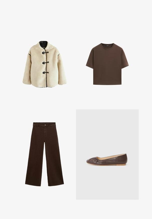 Giacca in pile beige con colletto alto, dettagli neri e chiusure a cordoncino. Presenta una texture morbida e una forma ampia e squadrata.; T-shirt in cotone marrone, maniche corte, collo a giro, vestibilità abbastanza ampia, texture liscia, design minimalista, senza motivi o dettagli visibili.; Pantaloni larghi marroni in misto cotone, caratterizzati da orlo sfrangiato, chiusura frontale con bottone e classico design a cinque tasche. Minimalisti e versatili.; Ballerina in pelle marrone con punta arrotondata, dettagli arricciati sul davanti e suola piatta di colore chiaro.