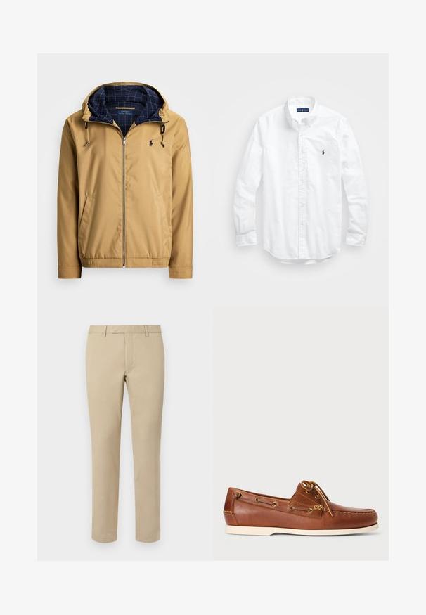 Tan zip-up jacka med justerbar huva. Har en marinblå rutmönstrad foder, sidofickor, elastiska ärmslut och en liten logotyp på bröstet.; Vit långärmad skjorta i bomull med knappar. Har en klassisk krage, knappmanchetter och en liten broderad logotyp i marinblått på bröstet.; Beige bomullsbukser med rak skärning, utrustade med bälteshällor, flat framsida och skräddarsydda fållar. Slät textur och minimal detaljer.; Bruna läderskon för båt, med snörning, gyllene ögla och krämfärgad gummisula. Utformad med ett upphöjt sömnads-mönster på tån.