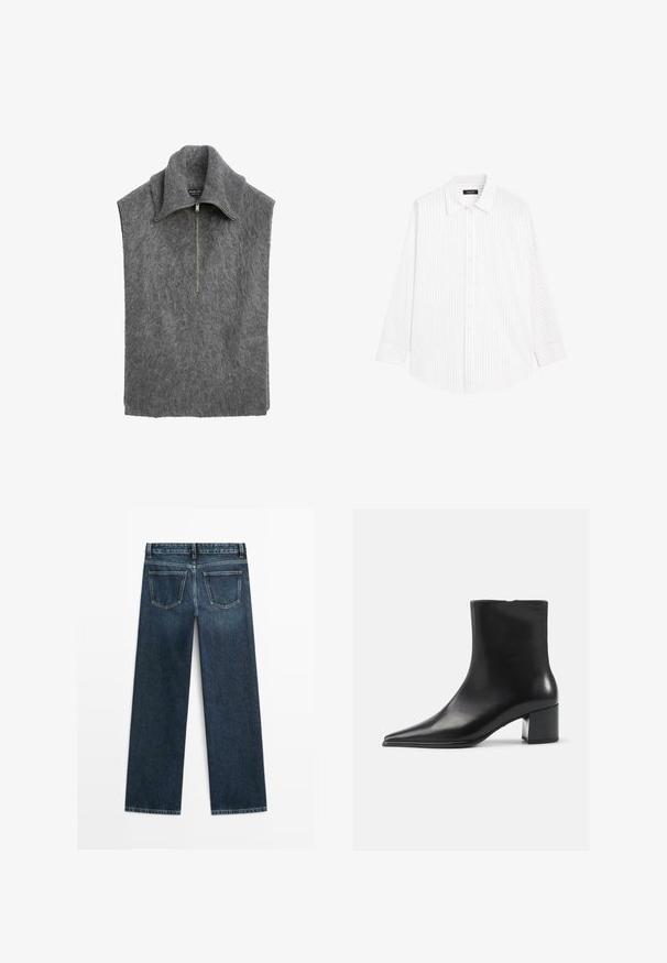 Grå ärmlös tröja med hög krage, tillverkad av mjukt, strukturerat material. Har ett framzip som detalj och en avslappnad passform.; Vit knapprad skjorta med vertikala ljusgrå ränder, spridd krage, långa ärmar och en avslappnad passform. Tillverkad av lättviktig tyg.; Mörkblå denimjeans med rak passform, som har två bakfickor och synlig sömnad längs sömmarna och fållarna.; Svart läderankelboot med spetsig tå, slät yta och medelhög blockklack. Minimalistisk design, dragkedjestängning bak.