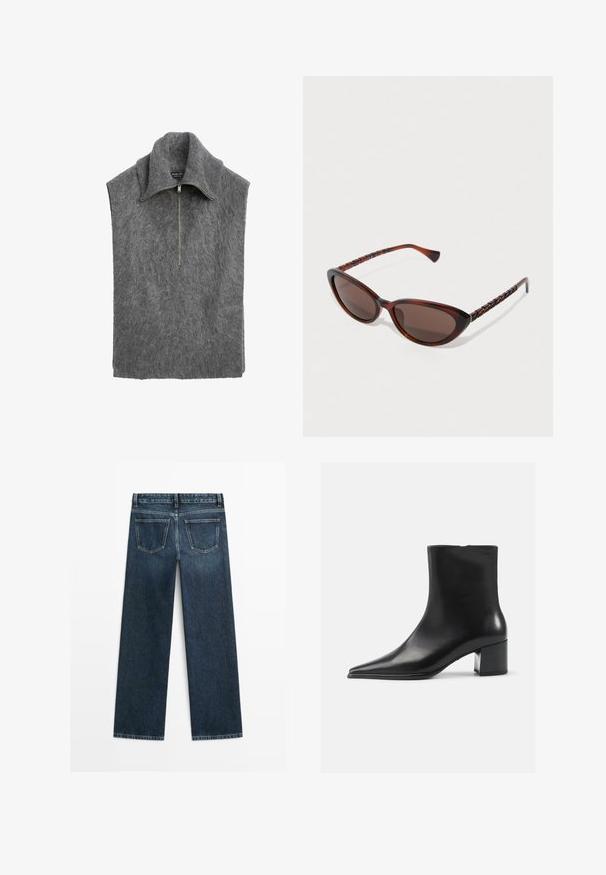 Grå ærmeløs pullover med høj krave, lavet af blødt, tekstureret materiale. Har en lynlås foran og et afslappet pasform-design.; Hvid skjorte med knapper og lodrette lysegrå striber, spredt krave, lange ærmer og en afslappet pasform. Fremstillet af letvægtsstof.; Mørkeblå denimjeans i lige snit med to baglommer og synlig syning langs sømme og kanter.; Sort læder ankelstøvle med spidse tæer, glat tekstur og mellemhøj blokhæl. Minimalistisk design, lynlås lukning bagpå.; Brune skildpaddesolbriller med katteøje-form, mørke linser og strukturerede sorte mønstrede stænger. Klassisk, detaljeret og let design.