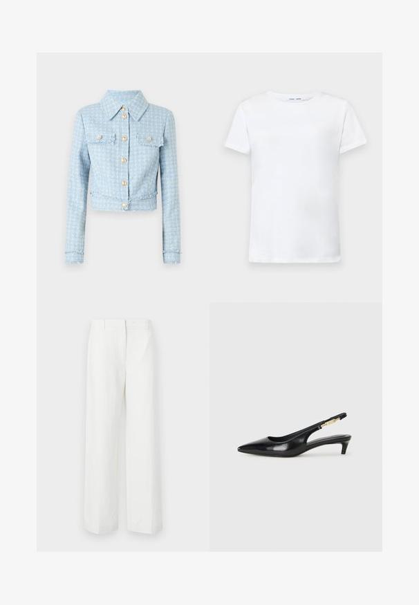 Šviesiai mėlynas tweedo švarkas su sutrumpintu dizainu, prisagstomas mygtukais, dviem krūtinės kišenėmis ir sušalusiomis krašto detalėmis. Auksinės spalvos mygtukai puošia priekį.; Balta trumpa medvilninė marškinėlių su apvalia iškirpte. Lygus paviršius ir tiesus kirpimas, be raštų ar akcentų.; Balti pločio kelnės su glotnia tekstūra, su lygia priekiu ir presuotomis raukšlėmis. Pagamintos iš lengvo audinio, be matomų raštų.; Juodas odinis pavasario batelių modelis su smailiu nosiu, turintis siaurą kulniuką ir auksinės spalvos akcentu reguliuojamoje juostoje. Lygi tekstūra.
