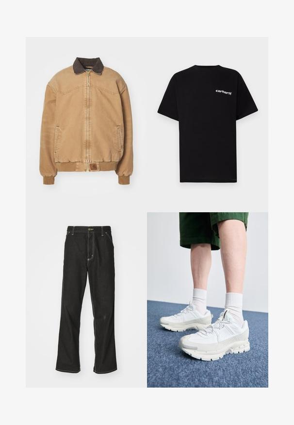Tan spalvos bomberio striukė su rudu apykakle ir raštuotais rankogaliais. Yra priekinis užtrauktukas ir šoninės kišenės. Lygus audinys su toniniais siūlais.; Juoda medvilninė marškinėliai su trumpomis rankovėmis, apvalia apykakle ir baltu „Carhartt“ logotipu ant kairės krūtinės. Lygus paviršius, minimalistinis dizainas.; Juodi džinsai su laisvu siluetu, turintys kontrastingas balto siūlo siūles, mygtuko uždarymą ir tiesų kojos dizainą.; Baltos sportinės bateliai su tekstūruotais uždengimais, masyviu padu ir pilkais akcentais. Dėvimi su baltais trumpais kojiniais ir žaliais šortais mėlyname paviršiuje.