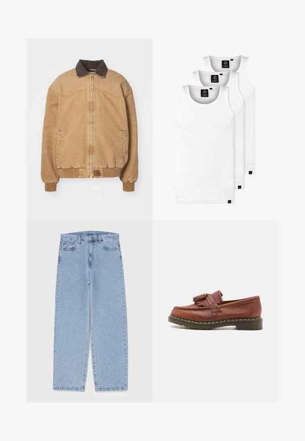 Beżowa bomberka z brązowym kołnierzem i ściągaczami. Posiada zamek błyskawiczny z przodu oraz boczne kieszenie. Gładki materiał z tonowanymi szwami.; Trzy białe prążkowane koszulki na ramiączkach wykonane z bawełny. Posiadają okrągły dekolt i małe czarne metki blisko dolnego brzegu. Dostępne w różnych rozmiarach.; Jasnoniebieskie dżinsy o prostym kroju nogawki, z średnim stanem, pięcioma kieszeniami oraz zapięciem na guzik i zamek błyskawiczny.; Brązowe skórzane mokasyny z frędzlami, teksturowana powierzchnia i kontrastujące żółte przeszycie wzdłuż czarnej gumowej podeszwy. Widok z boku.