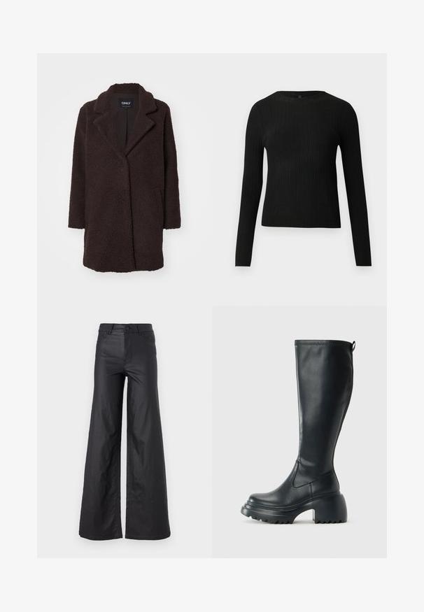 Rudas flisinis paltas su tekstūruotu paviršiumi, su įpjoviniu apykakle, vienu mygtuku, dviem šoninėmis kišenėmis; vidutinio ilgio dizainas.; Juoda dryžuota ilga rankovė prigludusi megztinis su apvalia iškirpte, pateiktas prieš paprastą šviesią fono.; Juodos, plačios kelnės iš dirbtinės odos. Yra aukštas liemuo, kilpelės diržui, dvi priekinės kišenės ir siuvinėti detalėmis.; Ilgas juodos odinės batai su masyvi platforma ir stačiakampiu kulnu, turintys traukimo kilpą ir tekstūruotą pado raštą.