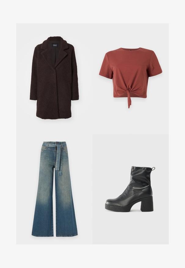 Smeđi flis kaput s teksturiranom vanjskom stranom, ovratnikom s urezom, zatvaranjem na jedan gumb i dva bočna džepa; srednje dugačak dizajn.; Majica boje hrđe, skraćena, od mekanog pamuka, s kratkim rukavima i čvorom sprijeda. Glatka tekstura, okrugli izrez.; Široke traperice s gradijentom od svijetloplave do tamnoplave, visokog struka, petljama za remen i remenom od istog materijala. Teksturirana traper tkanina.; Crne gležnjače od glatke kože, s bočnim zatvaračem, debelim teksturiranim potplatom i dizajnom s zaobljenim prstima.