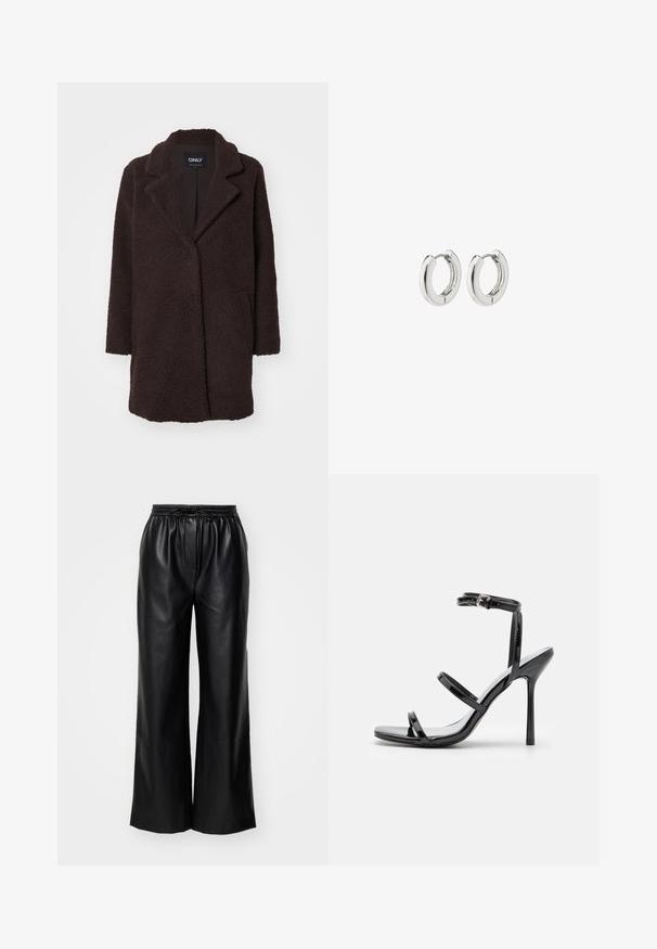 Brūns vilnas mētelis ar teksturētu ārpusi, ar iegriezumu pie apkakles, vienu pogu aizdari un divām sānu kabatām; vidējas garuma dizains.; Ilgi piedurkņu caurspīdīgs tops dziļi purpursarkanā krāsā, ar teksturētu rakstu un mirdzošiem akcentiem. Taisna apakšmala un plata kakla izgriezums.; Melnas ādas platajā kājās bikses ar elastīgu jostu un regulējamu auklu; gluda tekstūra ar tīru, minimālistisku dizainu.; Melnas patentētas ādas augstpapēžu sandales ar trim horizontālām siksniņām un regulējamu potītes siksniņu. Eleganta silueta un spīdīgs apdare.; Sudraba apli auskari ar spīdīgu apdari, kuriem ir apaļa forma un bezšuvju eņģes, rādot gludu virsmu.