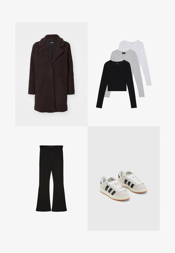 Palton din fleece maro cu exterior texturat, guler tip notched, închidere cu un singur nasture și două buzunare laterale; design de lungime medie.; Trei bluze cu mânecă lungă așezate: neagră, gri și albă. Fiecare are un guler rotund și un design scurt, realizat dintr-un material fin și ușor.; Leggings negre cu tiv evazat, realizate dintr-un material elastic. Au o talie largă și o textură fină, cu o siluetă ajustată care se lărgește la tiv.; Adidași din suede gri cu șireți albi, dungi negre și talpă din cauciuc alb. Prezintă un logo circular pe limbă și o talpă din cauciuc.