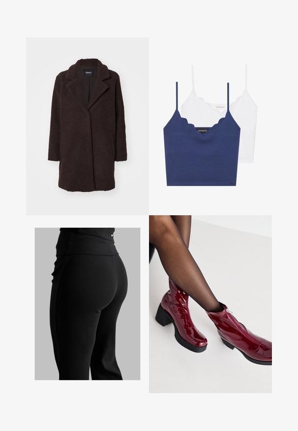Bruine fleece jas met een gestructureerde buitenkant, notch-kraag, enkele knoopsluiting en twee zijzakken; middellange stijl.; Navy en witte katoenen bralette set met een scalloped halslijn, dunne verstelbare bandjes en een aansluitend ontwerp. Logo label aan de binnenzijde van het navy stuk.; Zwarte geribde leggings met een hoge tailleband, een strak gevormde pasvorm en een gladde textuur. Bevat subtiele hardwaredetails op de tailleband.; Rode lakleren enkellaarzen met een stevige zwarte hak en ritsdetails. Gladde textuur, strak ontwerp met een ronde neus.