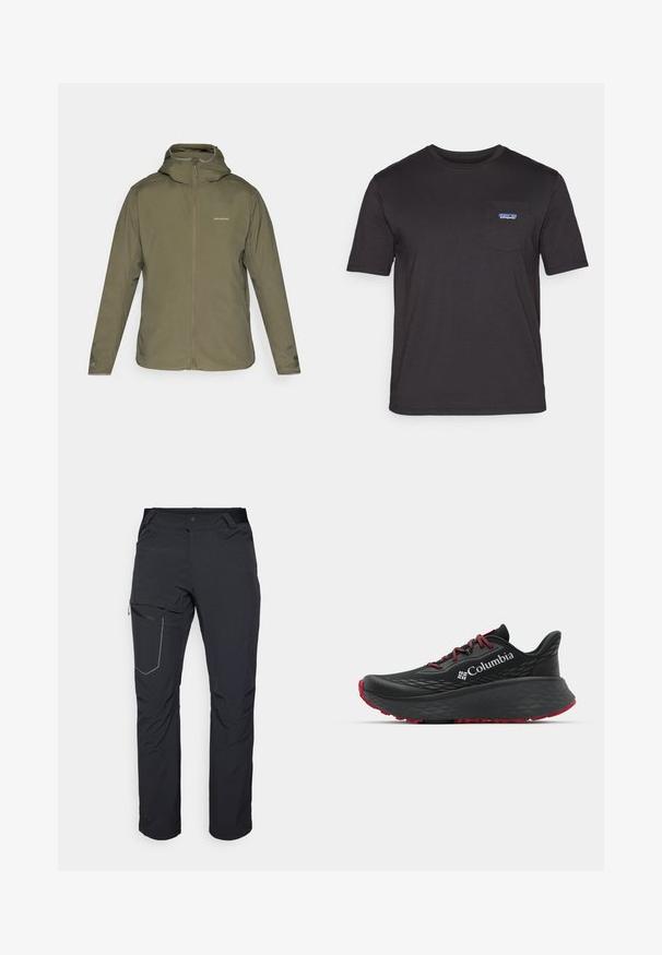 Maslinasto zelena, lagana jakna s patentnim zatvaračem sprijeda, podesivom kapuljačom i suptilnim logotipom. Kvalitetna, glatka tkanina s dugim rukavima i bez vidljivih džepova.; Crni majica kratkih rukava od pamuka, s džepom na prsima i plavim Patagonia logotipom s lijeve strane.; Crne vanjske hlače s patentnim zatvaračem na butu, elastičnim pojasom i glatkim, vodootpornim materijalom. Čist dizajn bez vidljivih logotipa.; Crne sportske cipele s teksturiranim gornjim dijelom, crvenim vezicama i logom. Debeli đon s uzorkom za prianjanje. Minimalistički dizajn, bočni prikaz.