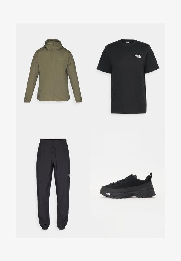 Olive zeleno, lahkotno jopico z zadrgo spredaj, nastavljivo kapuco in diskretnim logotipom. Gladka tekstura z dolgimi rokavi in brez vidnih žepov.; Črna bombažna majica s kratkimi rokavi, okroglim izrezom in majhnim belim logotipom na levem prsnem delu. Preprost dizajn, gladka tekstura in sproščen kroj.; Črne atletske hlače iz lahkega materiala, ki imajo elastični pas z vezalko, stranske žepe in zožene manšete na gležnjih.; Črne zunanje teniske s zgornjim delom iz usnja z nubukom, teksturiranim gumijastim podplatom in trdnim vezalnim sistemom. Imajo ojačan petni del in logotip blagovne znamke na strani.
