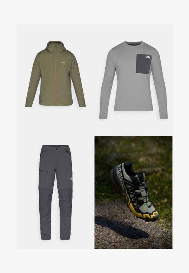 Olīvzaļš, viegls džemperis ar rāvējslēdzēju priekšpusē, pielāgojamu kapuci un smalku zīmolu. Gluda tekstūra ar garām piedurknēm un bez redzamām kabatām.; Garais krekls ar garām piedurknēm un teksturētu audumu, ar tumši pelēku krūšu kabatu un rāvējslēdzēju. Uz kabatas ir balts logo.; Pelēki outdoor bikses ar gludu tekstūru, ar sānu kabatu ar rāvējslēdzēju, pastiprinātiem ceļgaliem un diskrētu logotipa detaļu.; Salomon skriešanas apavi taku skriešanai pelēkā tonī ar spilgti dzelteniem akcentiem. Iekļauj teksturētu zoli, drošu saistīšanas sistēmu un mīkstinu apkakli.