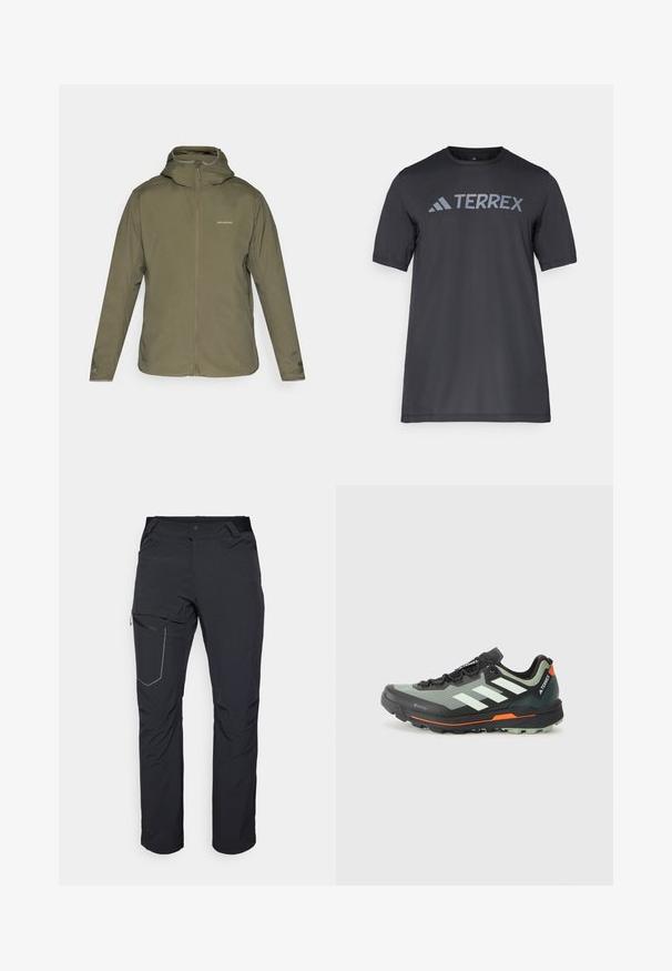 Olíva zöld, könnyű dzseki cipzáros elől, állítható kapucnival és diszkrét logóval. Sima textúrájú, hosszú ujjú, látható zsebek nélkül.; Fekete, rövid ujjú póló, könnyű anyagból készült, világosszürke „TERREX” logóval a mellrészen és kerek nyakkivágással.; Fekete kültéri nadrág, cipzáras combzsebbel, rugalmas derékrésszel és sima, vízlepergető szövettel. Tiszta dizájn, látható logók nélkül.; Könnyű terepfutó cipő szürke és fekete hálós felsőrésszel, narancssárga elemekkel és barázdált talppal a tapadásért. Vízálló Gore-Tex bélés.