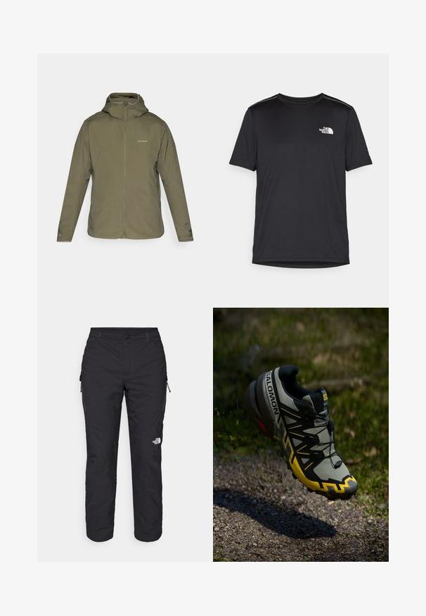 Olive green, lightweight jacket with a zip front, adjustable hood, and subtle branding. Smooth texture with long sleeves and no visible pockets.; Black short-sleeve T-shirt made from lightweight fabric. Features a small white logo on the left chest and subtle shoulder accents.; The North Face WINTER EXPLORATION TAPERED CARGO - Outdoor trousers - black; Salomon trail running shoe in muted gray with bright yellow accents. Features a textured sole, secure lacing system, and a cushioned collar.
