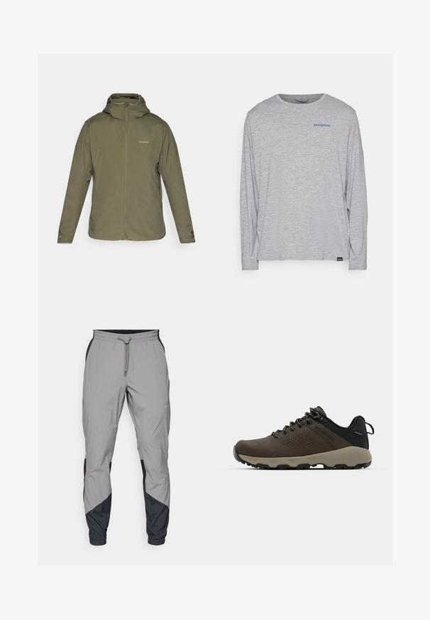 Olivenfarget, lett jakke med glidelås foran, justerbar hette og diskret merke. Glatt tekstur med lange ermer og ingen synlige lommer.; Lys grå langermet t-skjorte laget av myk, teksturert stoff. Har rund hals og en liten blå Patagonia-logo på brystet.; Lettvektige, grå treningsbukser med svarte detaljer. Elastisk midjebånd, snøring, tapered benedesign og sidelommer.; Brune vanntette joggesko med teksturert overdel, perforerte detaljer, svart hæl støtte og en grå gummisåle. Snøring er stilisert med metalliske ender.
