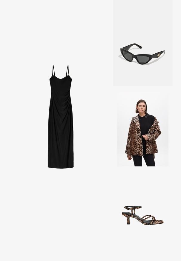 Płaszcz w cętkę lamparta z podwójnym zapięciem, złotymi guzikami i kołnierzem z ozdobnymi akcentami. Nosi się go na czarnym topie.; Czarna midi sukienka z cienkimi regulowanymi ramiączkami, z drapowaną formą i gładką teksturą. Brak widocznych wzorów lub ozdób.; Sandały na obcasie w panterkę, ze kwadratowym noskiem, wieloma paskami i średnim obcasem. Wykonane z miękkiego materiału tekstylnego.; Okulary przeciwsłoneczne w kształcie kocich oczu z matową czarną oprawką z plastiku, ciemnymi soczewkami oraz złotym akcentem z logo na zausznicy. Kanciasty kształt i gładka tekstura.; Brązowa skórzana torebka na ramię z wzorem logo, złotym łańcuszkiem na pasku, zapięciem na zamek błyskawiczny oraz złotymi akcentami. Kompaktowy i prostokątny kształt.