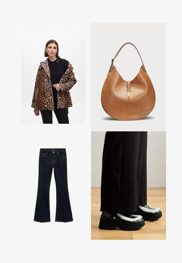 Leopardi kuvioinen takki, jossa on kaksirivinen malli, kultaiset napit ja kaulus koriste-elementeillä. Käytetään mustan topin päällä.; Pitkähihaista tumma ruskeaa kangasta oleva paita, jossa on teräväkaulainen kaulus, etupuolen nappisuljenta ja suora helma. Tasainen tekstuuri ja rento istuvuus.; Tummansinisiä farkkuhousuja, joissa on korkea vyötärö, etutaskut ja leveät lahkeet, esiteltynä litteänä valkoista taustaa vasten.; Mustat platofom-kengät, joissa on valkoinen karvatrimmaus, pyöreä kärki ja metallinappi strapissa. Käytetään mustien housujen kanssa puulattialla.; Tan nahkalaukku, jossa on kaareva muoto ja leveä olkahihna. Keskellä on kultainen metallikoriste ja pinta on sileä.