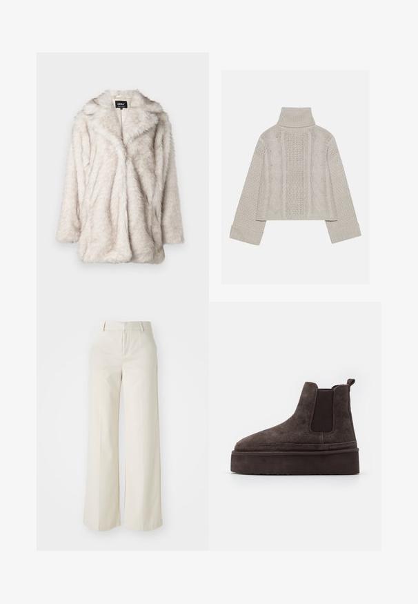 Faux fur takki vaaleassa beigestä, jossa on pehmeä rakenne, aukirevittävällä edellä ja lovikolarilla. Ominaisuudet rento istuvuus ja puolipitkät hihat.; Lyhyt, vaaleanharmaa neulepusero korkealla kauluksella ja ribbireunuksilla, jossa on teksturoidut letkut kuvioita takana ja sivuilla.; Tilavat housut vaaleassa beigeissä sävyissä, valmistettu sileästä kankaasta. Ominaisuuksina klassinen vyötäröosa ja litteä etuosa, joissa on puhtaat linjat.; Kastanjanruske semiš Chelsea čizme s elastičnim bočnim panelima i debelim, teksturiranim platformom. Imaju petni trak za lakše obuvanje.