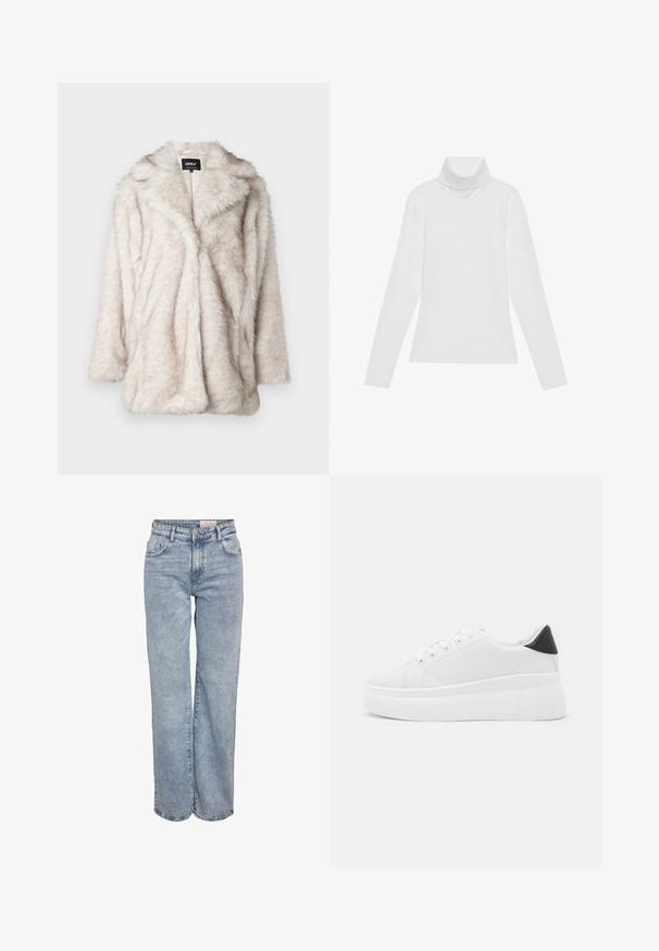 Faux krzno kaput u svijetlo bež boji s plush teksturom, otvorenim prednjim dijelom i izrezanim ovratnikom. Ima opušteni kroj i rukave srednje dužine.; Bijela majica dugih rukava s rolificom izrađena od glatkog, rastezljivog materijala. Ima visoki ovratnik i uski kroj, bez vidljivih uzoraka ili ukrasa.; Svijetloplave široke traperice napravljene od denima, s visokim strukom, dizajnom od pet džepova i suptilnim izbljeđivanjem za izgled nošenih traperica.; Bijele platforme tenisice napravljene od glatkog sintetičkog materijala, s okruglim vrhom, dizajnom s vezanjem i teksturiranom gumenom potplatom. Crni detalj na peti.