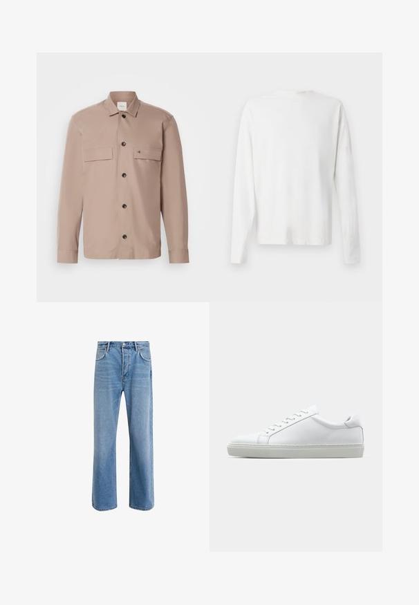 Giacca button-up marrone chiaro con due tasche sul petto, bottoni neri e colletto semplice. Tessuto liscio con un design minimalista.; Camicia bianca in cotone a maniche lunghe con scollatura rotonda, spacchi laterali in fondo e una texture liscia, mostrata da dietro.; Jeans in denim blu chiaro con design a gamba dritta, cinque tasche, chiusura con bottone, leggero sbiadimento e dettagli di cucitura a contrasto.; Sneaker bianco con tomaia in pelle liscia e profilo basso. Presenta una punta arrotondata, sei occhielli e una suola in gomma testurizzata.