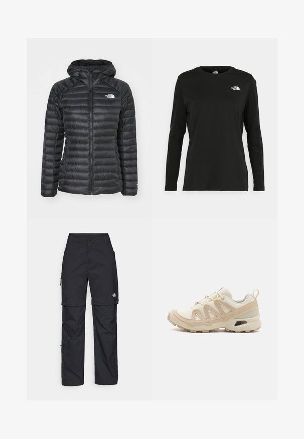 The North Face BETTAFORCA HOODIE - Casaco de penas - black; T-shirt preto de mangas longas, feito de algodão, com decote redondo. Apresenta um pequeno logótipo branco na área esquerda do peito. Design simples e ajuste confortável.; Calças cargo pretas em nylon com fechos de correr removíveis, punhos ajustáveis, múltiplos bolsos e um logótipo na perna direita. Textura suave e leve.; Sapatilha atlética beige e creme com parte superior em malha texturizada, sobreposições de suporte e sola de borracha com um padrão de cravo para tração.