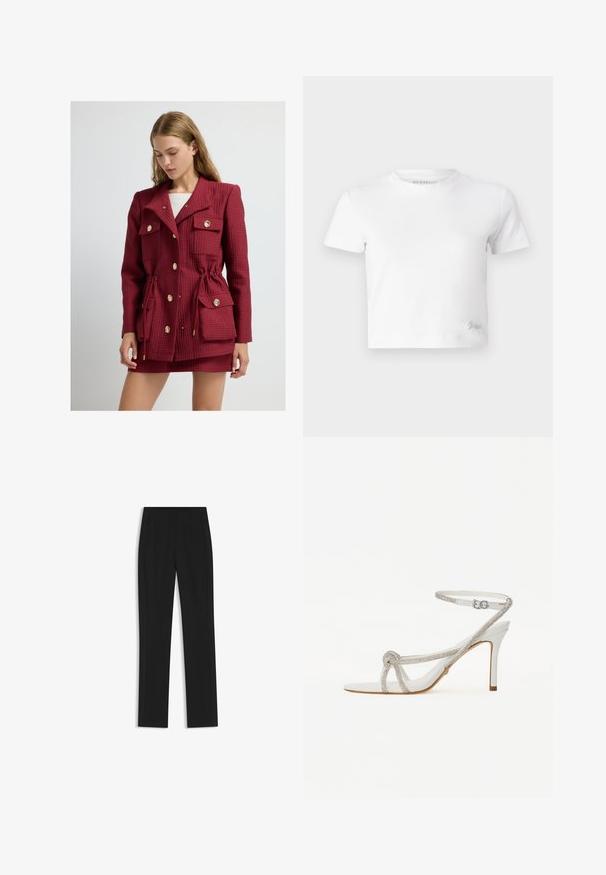Punime e kuqe e qepur, me brez në bel, butona ari, dy xhepa të gjoksit dhe një jakë me kënd. Të dhëna teksturash japin thellësi.; Valkoinen lyhytcropattu t-paita, joka on valmistettu sileästä puuvillasta. Siinä on korkea kaula-aukko ja lyhyet hihat. Pienessä alakulmassa on brodeerattu logo.; Mustat räätälöidyt housut suoran lahkeen designilla, joissa on etutaskut ja sileä, teksturoitu kangas. Siistit, minimalistiset yksityiskohdat.; Valkoiset korkokenkäsandaalit, joissa on teksturoitu hihna, joka on koristeltu timanteilla, avonainen varvasmuotoilu ja säädettävällä soljella varustettu nilkkahihna.