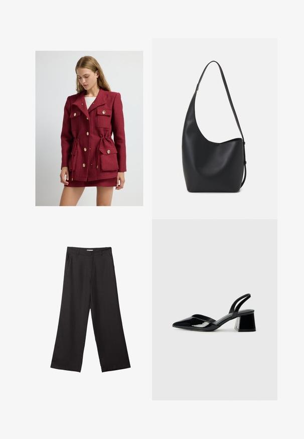 Röd vadderad jacka med bälte i midjan, guldknappar, dubbla bröstfickor och slagkrage. Det strukturerade tyget ger djup.; Svart kortärmad croppad t-shirt med rund halsringning och enkel design, ligger platt på vit bakgrund.; Svarta vida byxor i slät väv, med dragkedja fram och två sidofickor, med skräddarsydd passform och minimalistisk design.; Svarta lackläder slingback klackar med spetsig tå och geometrisk klack. Har en elegant, minimalistisk design och slät yta.; Svart läder hobo-väska med en slät textur, kurvig form och en justerbar axelrem; har en bred öppning upptill.