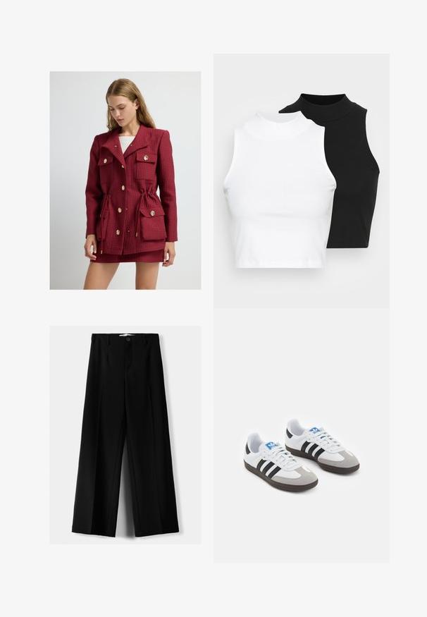 Czerwona pikowana kurtka z paskiem w talii, złotymi guzikami, podwójnymi kieszeniami na piersi i kołnierzykiem ze szczeliną. Teksturowany materiał dodaje głębi.; Dwa bezrękawnikowe golfy w kolorze czarnym i białym, charakteryzujące się dopasowanym fasonem i gładką teksturą, o skróconej długości.; Czarne spodnie szerokie, wykonane z lekkiego materiału, z zapięciem na guzik z przodu i gładkim przodem, z starannie wykończonymi brzegami.; Buty sportowe z białą skórzaną cholewką, szarym zamszowym noskiem i trzema czarnymi paskami. Posiadają niebieskie logo na języku oraz teksturowaną gumową podeszwę.