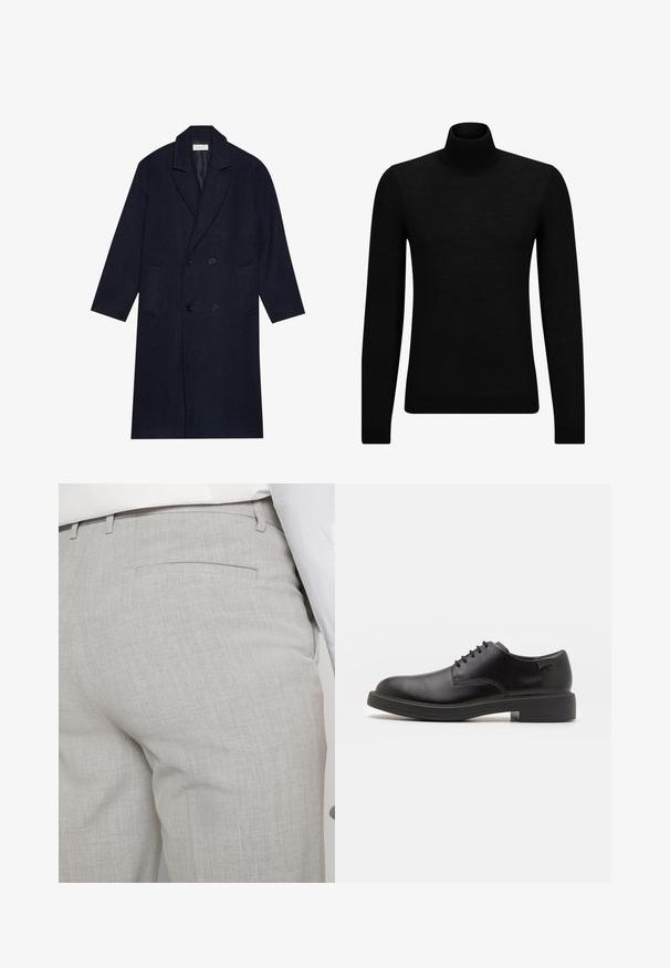 Manteau croisé en bleu marine foncé au motif en chevrons, avec un col cranté, deux poches avant et un tissu texturé.; Pull à col roulé noir en matériau doux, avec des manches longues et une coupe ajustée. Finition côtelée au bas et aux poignets. Design simple.; Pantalon gris clair sur mesure en tissu texturé, avec une seule poche arrière et des coutures nettes.; Chaussure noire en cuir à lacets avec un embout arrondi, texture lisse, piqures minimales et un petit talon en caoutchouc. Logo sur le talon.