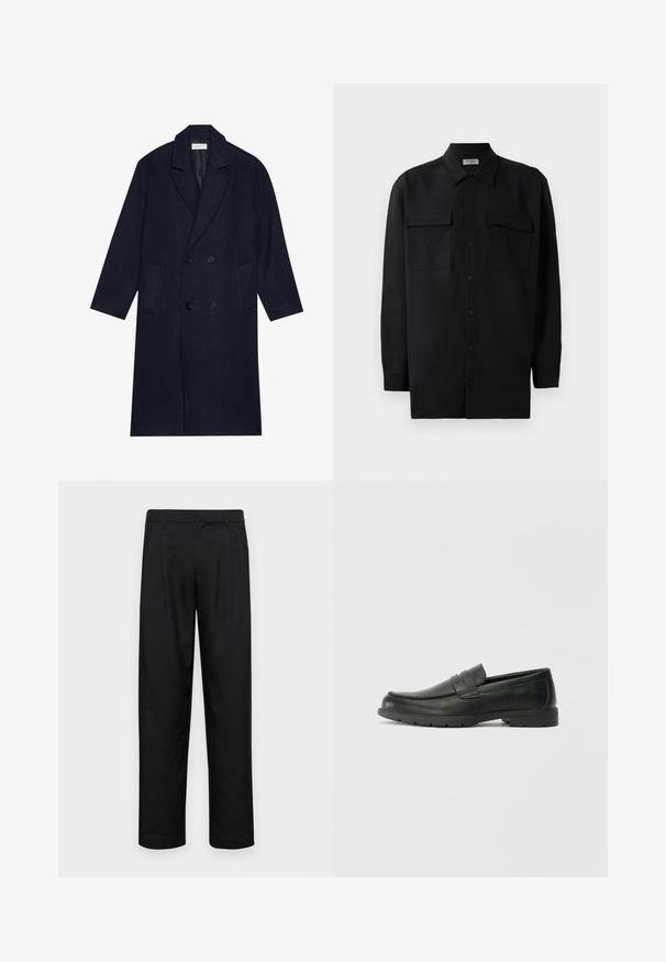 Mørk marineblå dobbeltspent frakk i herringbone-mønster, med krage, to frontlommer og strukturert stoff.; Svart skjorte med knapper laget av glatt stoff, med klassisk krage, to frontlommer og lange ermer med knappe mansjetter.; Sorte bukser laget av glatt stoff, med rette ben, to frontfoldninger og standard liv med beltehemper.; Svart skinnloafers med glatt finish, mokkasin-stil overdel, broderte detaljer og gummisåle. Klassisk design med lav hæl.