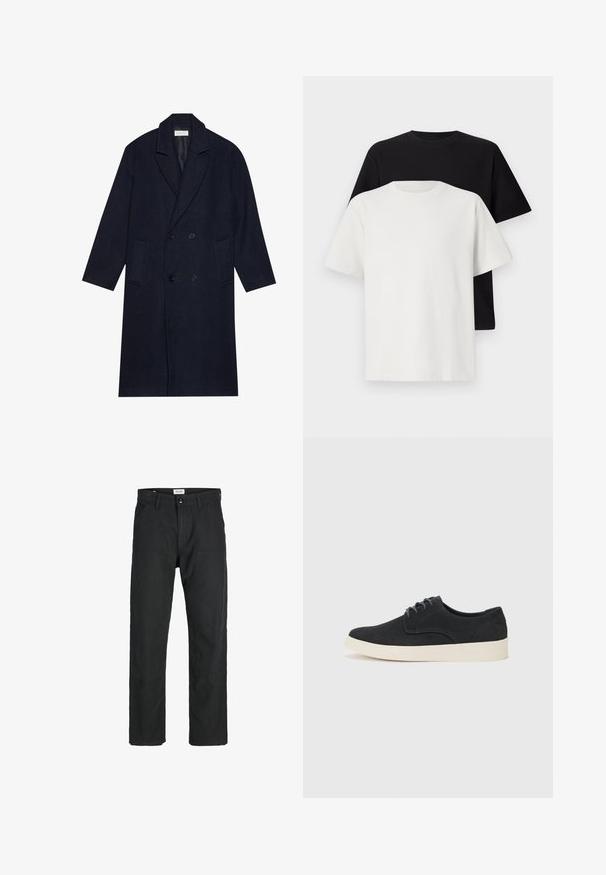 Tmavomodrý dvojradový kabát s vzorom rybej kosti, s výstrihom do V, dvoma prednými vreckami a štruktúrovanou tkaninou.; Bavlnená súprava tričiek, ktorá obsahuje čierne tričko a biele tričko, obe s krátkymi rukávmi, okrúhlym výstrihom a štandardným strihom. Textúrovaná látka.; Čierne nohavice vyrobené z odolného materiálu, s rovnými nohavicami, prešitými detailmi a dvoma prednými vreckami pre väčšiu funkčnosť.; Čierne semišové šnurovacie topánky s okrúhlou špičkou, ľahkou krémovou podrážkou a jemnými modrými švy na vrchu.